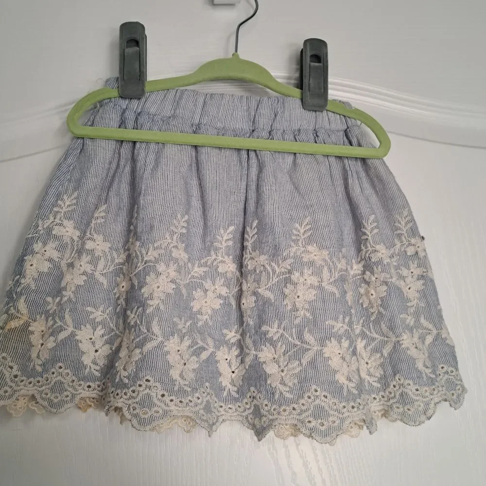 Blue and White Seersucker skirt with eyelet floral Embroidery